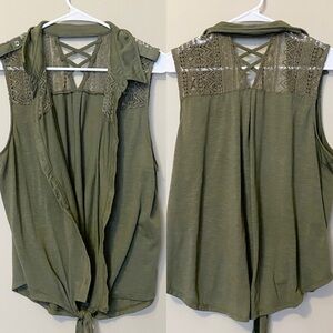 Olive Green Sleeveless Lace Detail Top